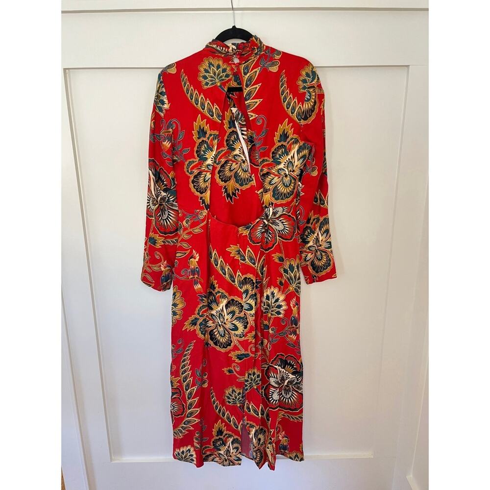 Farm Rio Floral Print Long Sleeve Midi Dress Red Blue Yellow Mandarin Collar - Picture 3 of 5